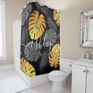 Golden Tropical Leaves Shower Curtain