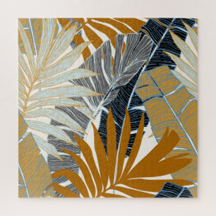 Golden Tropical Leaves Silhouette Jigsaw Puzzle