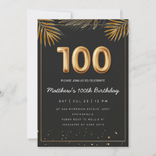 Golden Tropical Palm Leaves 100th Birthday Invitation