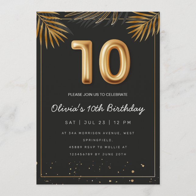 Golden Tropical Palm Leaves 10th Birthday  Invitation