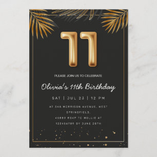 Golden Tropical Palm Leaves 11th Birthday  Invitation
