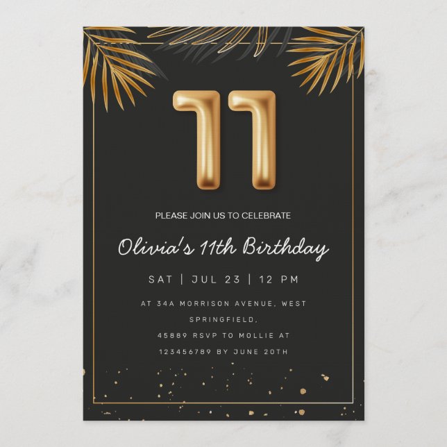 Golden Tropical Palm Leaves 11th Birthday  Invitation (Front)