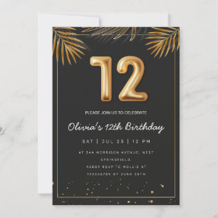 Golden Tropical Palm Leaves 12th Birthday  Invitation