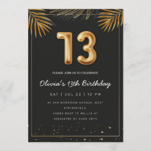 Golden Tropical Palm Leaves 13th Birthday  Invitation