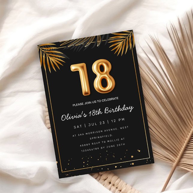 Golden Tropical Palm Leaves 18th Birthday  Invitation (Creator Uploaded)