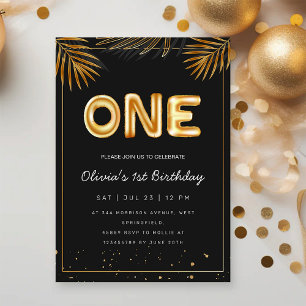 Golden Tropical Palm Leaves 1st Birthday Invitation