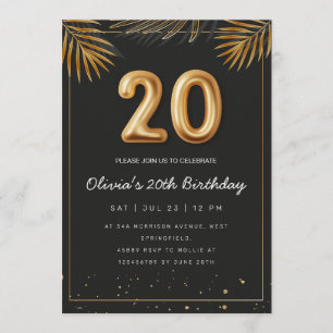 Golden Tropical Palm Leaves 20th Birthday  Invitation
