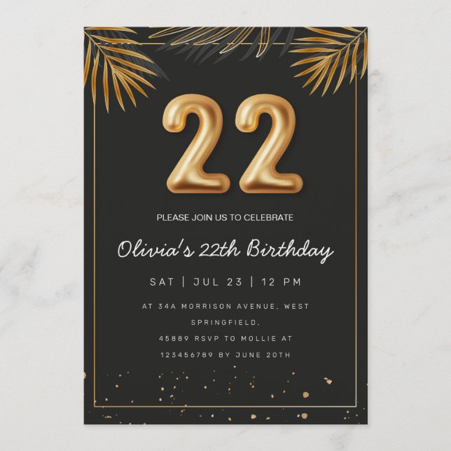 Golden Tropical Palm Leaves 22th Birthday  Invitation (Front)