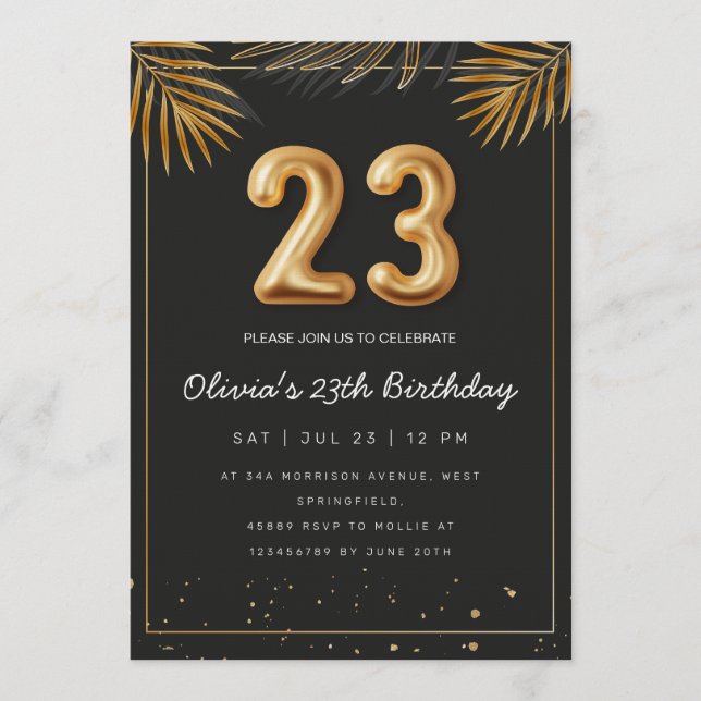 Golden Tropical Palm Leaves 23th Birthday  Invitation (Front)