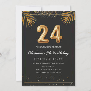 Golden Tropical Palm Leaves 24th Birthday  Invitation