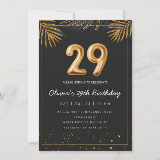 Golden Tropical Palm Leaves 29th Birthday Invitation