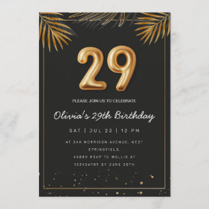 Golden Tropical Palm Leaves 29th Birthday  Invitation