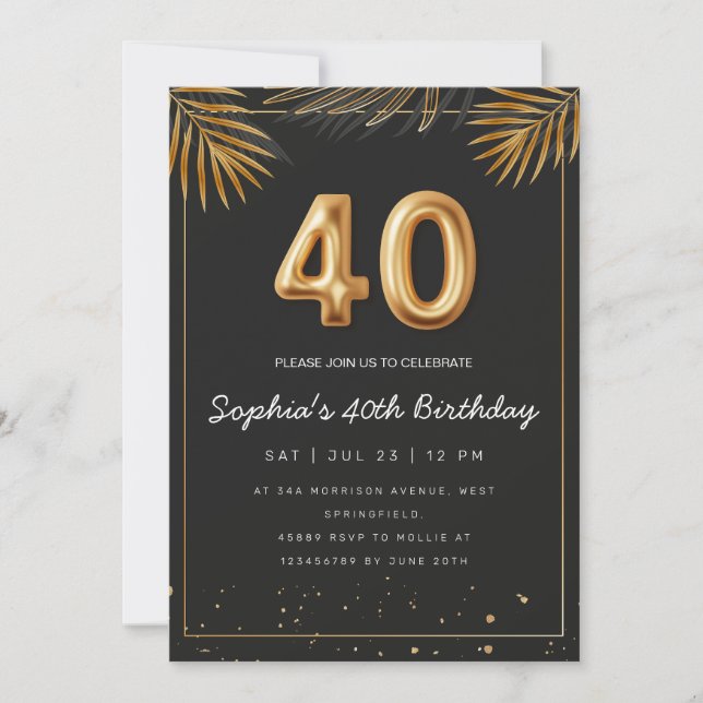 Golden Tropical Palm Leaves 40th Birthday  Invitation (Front)