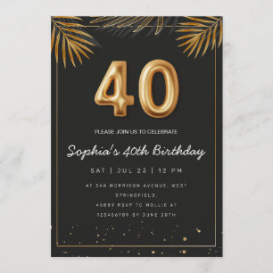 Golden Tropical Palm Leaves 40th Birthday  Invitation