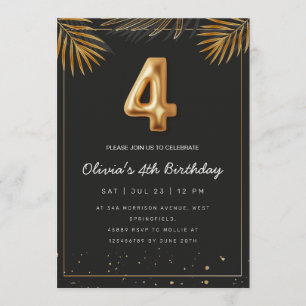 Golden Tropical Palm Leaves 4th Birthday  Invitation