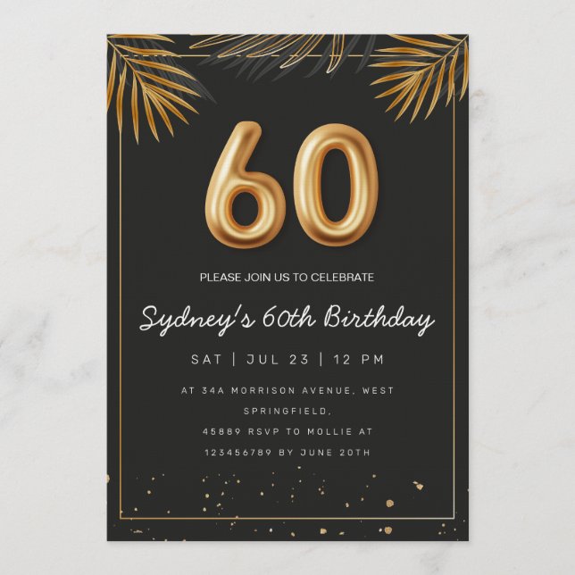 Golden Tropical Palm Leaves 60th Birthday  Invitation (Front)