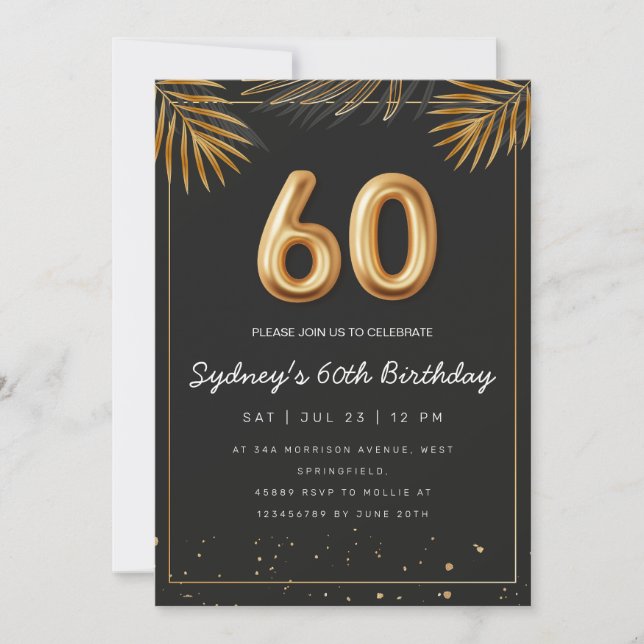 Golden Tropical Palm Leaves 60th Birthday  Invitation (Front)