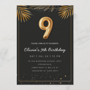 Golden Tropical Palm Leaves 9th Birthday Invitation