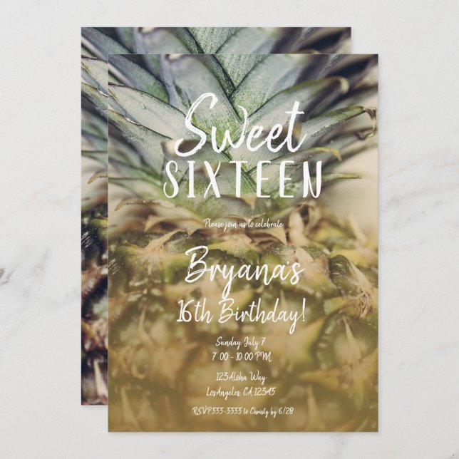 Golden Tropical Pineapple Sweet 16 Party  Invitation (Front/Back)