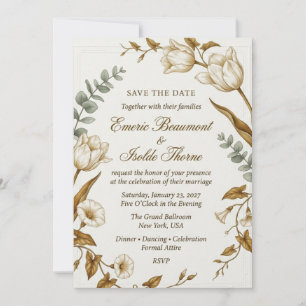 Golden Tulips, Convolvulus, Eucalyptus Foliage, Fi Invitation