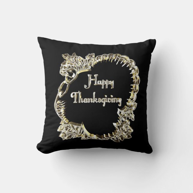 Golden Turkey Happy Thanksgiving Typography Cushion (Front)