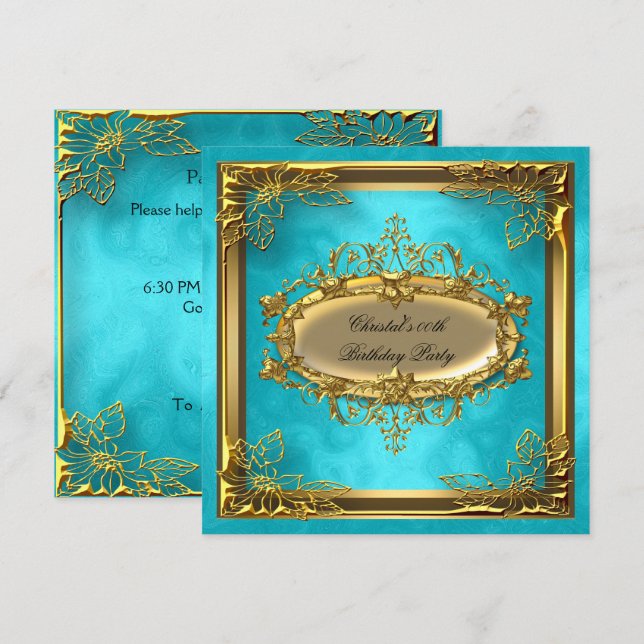 Golden Turquoise  Elite Elegant Birthday Party Invitation (Front/Back)