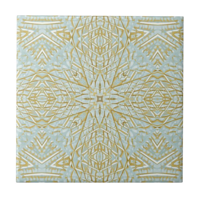 Golden turquoise teal blue green star geometric  ceramic tile (Front)