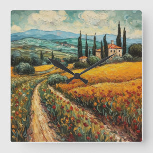 Golden Tuscany Wildflower Countryside Landscape Square Wall Clock