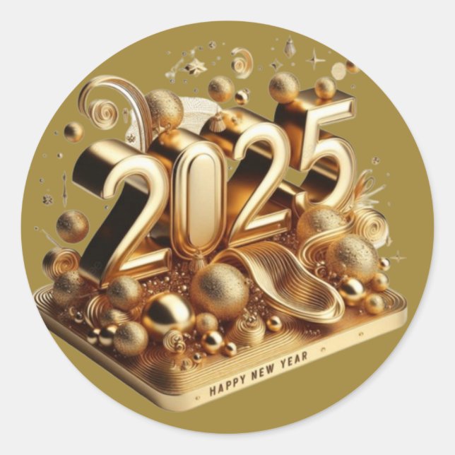 Golden typography happy new year 2025 classic round sticker (Front)
