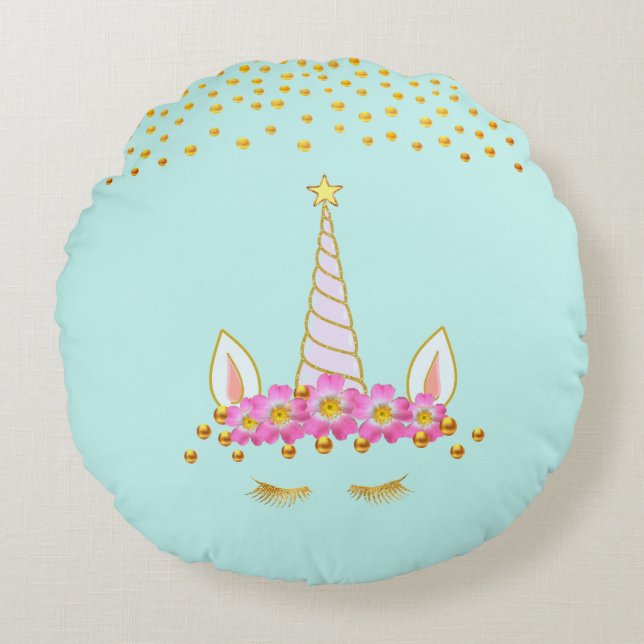 Golden Unicorn, Flowers & Gold Confetti on Teal Round Cushion (Front)