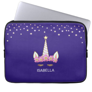 Golden unicorn, flowers & stars on indigo blue laptop sleeve