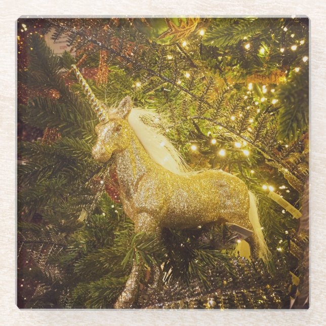 Golden Unicorn Glass Coaster (Front)