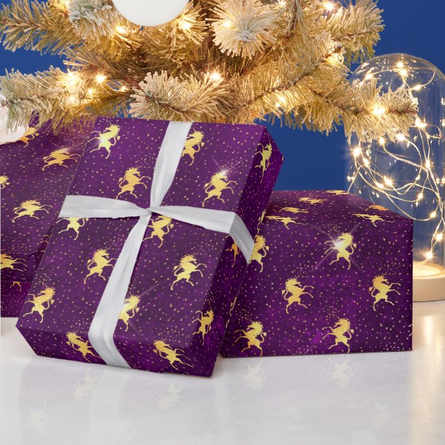 Golden Unicorn Grid Pattern on Deep Purple Wrapping Paper (Holidays)