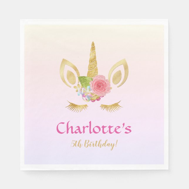 Golden Unicorn Pink Rainbow Personalised Birthday Napkin (Front)