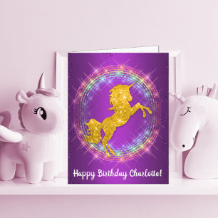 Golden Unicorn Rainbow Sparkles on Purple Birthday Card