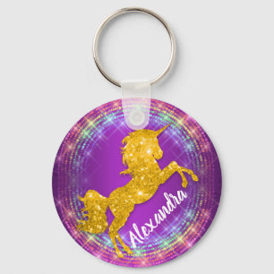Golden Unicorn Rainbow Sparkles Purple Key Ring