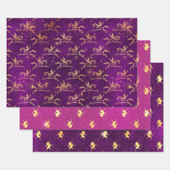 Golden Unicorn Sparkle Pattern on Purple & Pink Wrapping Paper Sheet (Set)