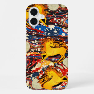 GOLDEN UNICORNS ,RED BLUE MARBLED EFFECTS ,CIRCLES iPhone 16 PLUS CASE