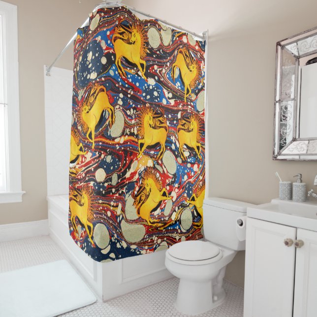 GOLDEN UNICORNS ,RED BLUE MARBLED EFFECTS ,CIRCLES SHOWER CURTAIN (In Situ)