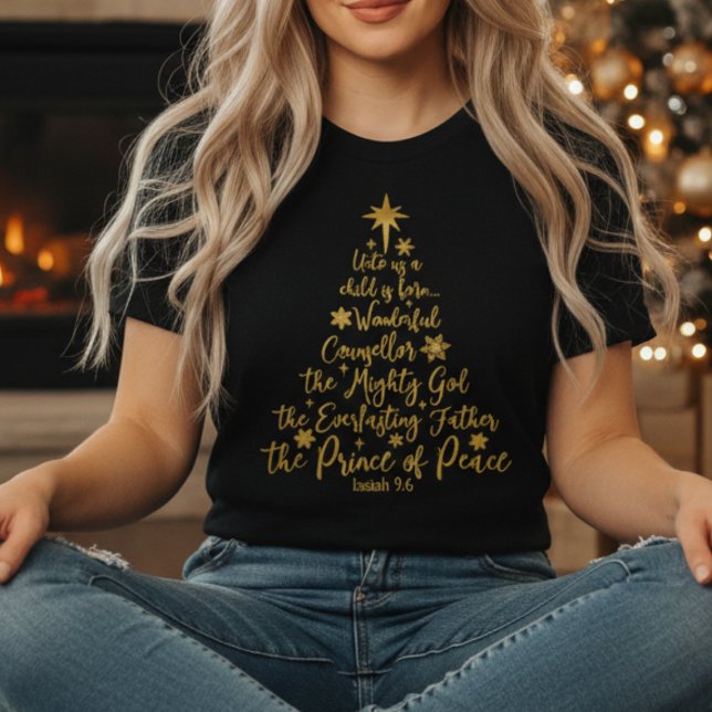Golden “Unto Us A Child Is Born” Christmas Tree T-Shirt (Golden “Unto Us A Child Is Born” Christmas Tree T-Shirt)