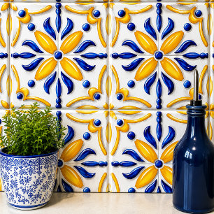 Golden Valencia Blossom Blue and Amber Floral Ceramic Tile