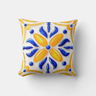 Golden Valencia Blossom Blue and Amber Floral Cushion