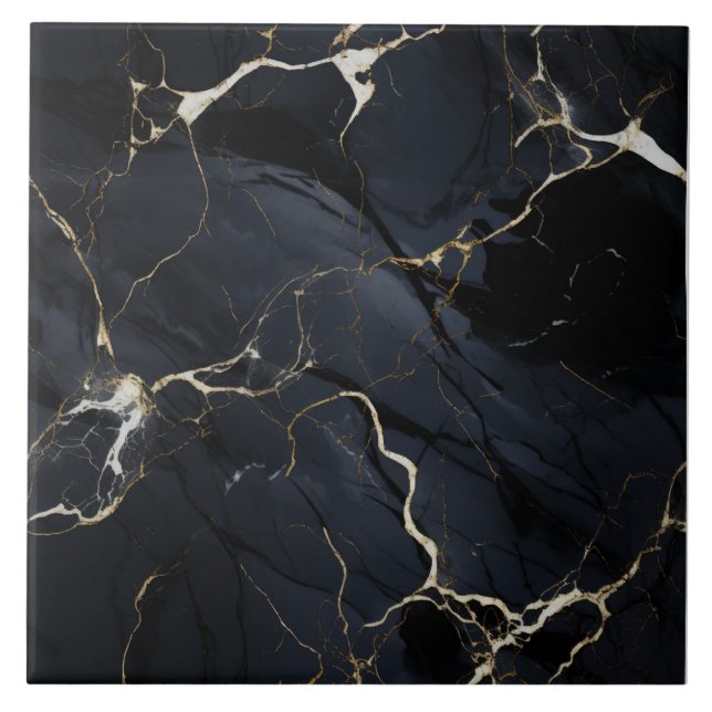 Golden Veins Artistry Black Marble Tile (Front)