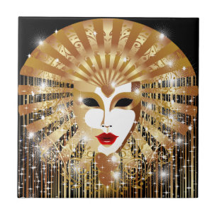 Golden Venice Carnival Party Mask Ceramic Tile