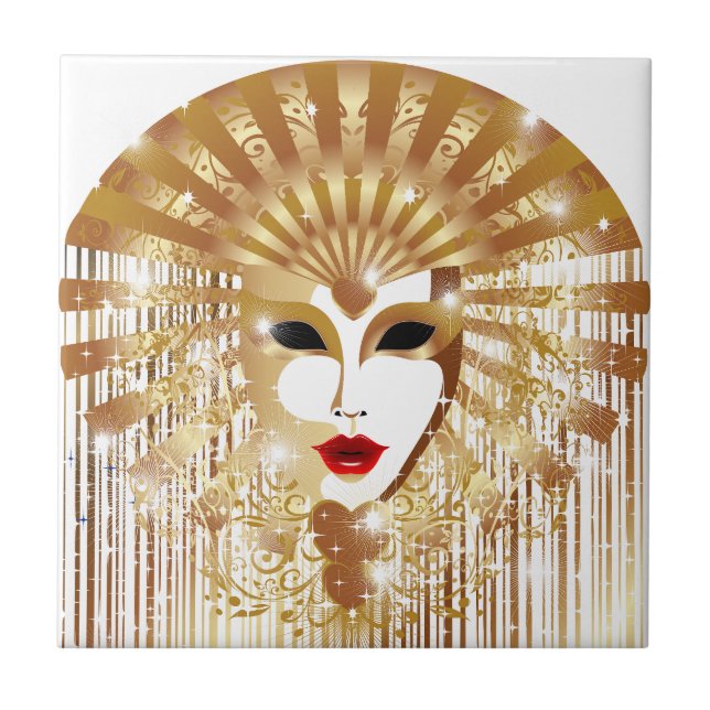 Golden Venice Carnival Party Mask Ceramic Tile (Front)