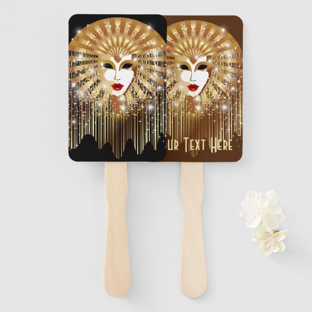 Golden Venice Carnival Party Mask Hand Fan (Front and Back)