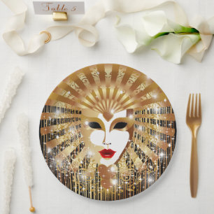 Golden Venice Carnival Party Mask Paper Plate