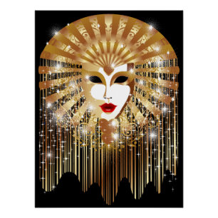 Golden Venice Carnival Party Mask Poster