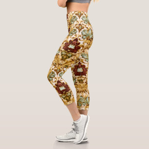 Golden Victorian Floral Damask with Sage Capri Leggings