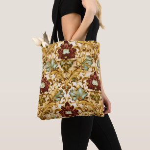Golden Victorian Floral Damask with Sage Tote Bag